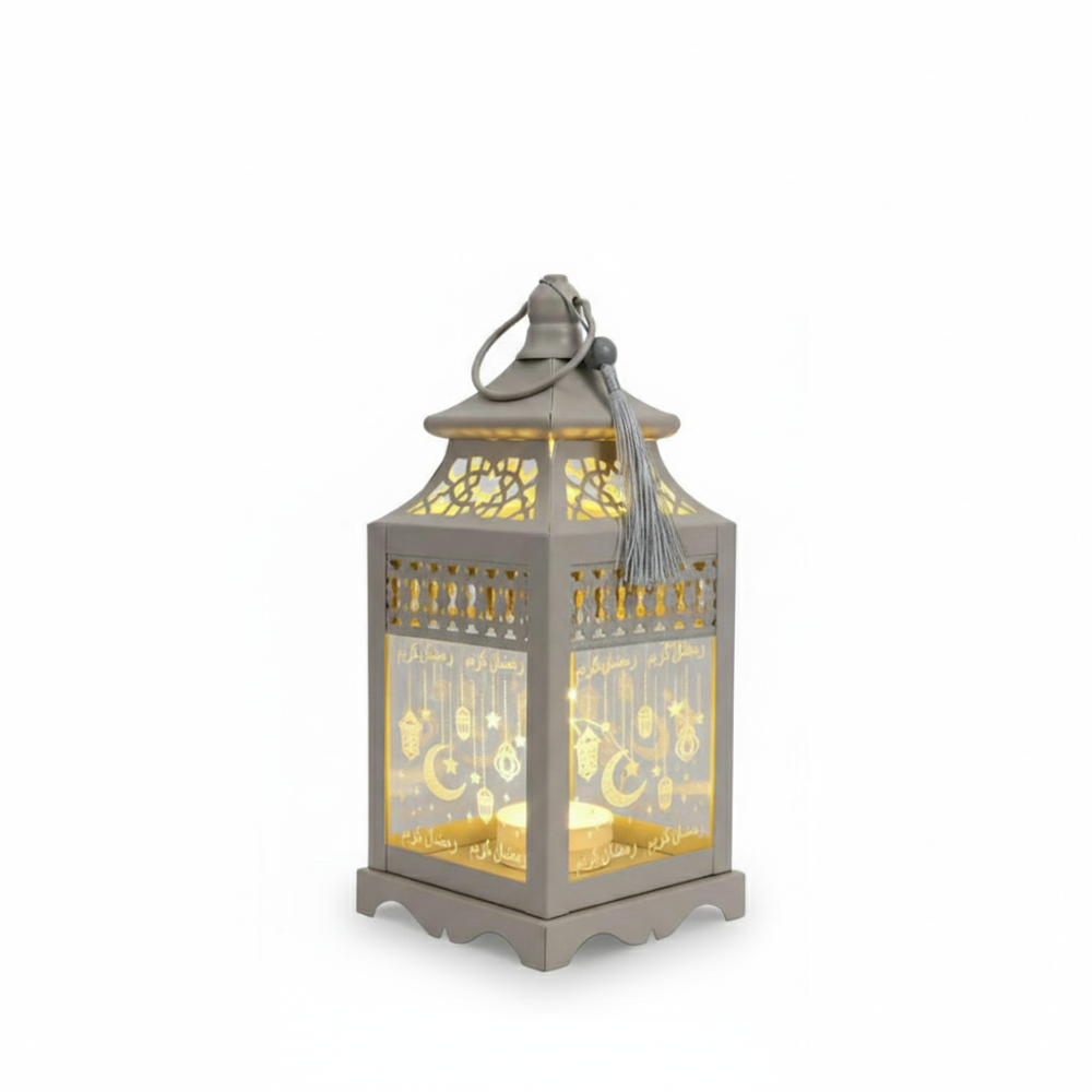 Ramadan Decorative Grey LED Lantern with Hanging Moon & Star Design | 7138-84 - Home & Kitchen - Lebanon
