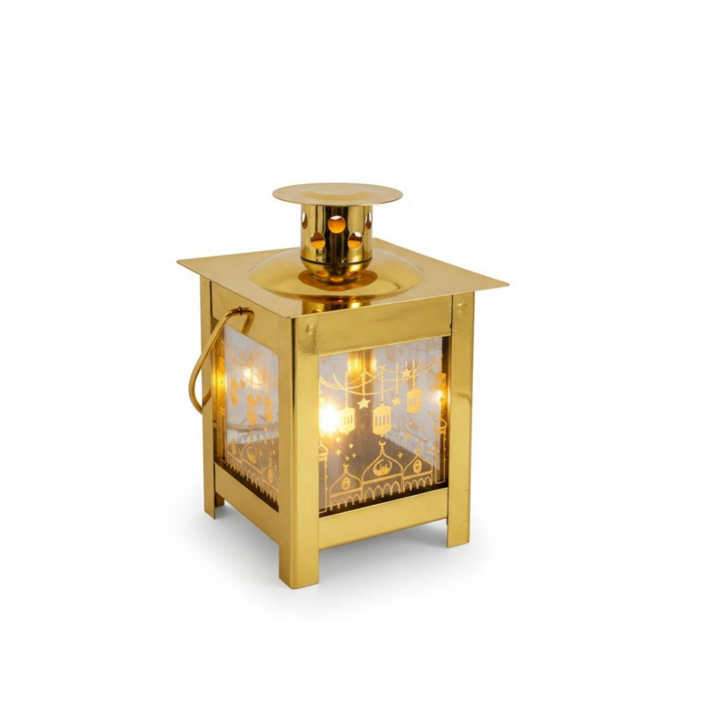 Ramadan Classic Gold LED Lantern with Mosque Illustration Panels | 7138-2 - Home & Kitchen - Lebanon
