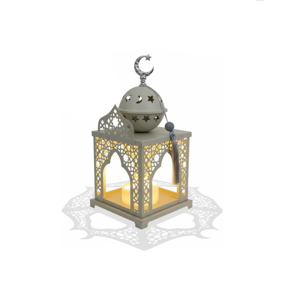 Ramadan Decorative Grey LED Lantern with Crescent Moon & Candle Light | 7138-10 - Home & Kitchen - Lebanon