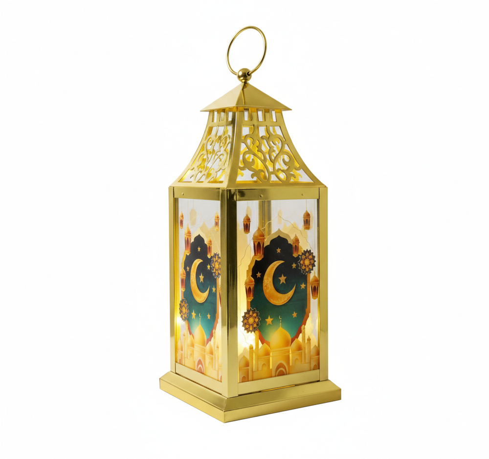 Ramadan Decorative Gold LED Lantern with Crescent Moon & Mosque Artwork | 7138-81 - Home & Kitchen - Lebanon