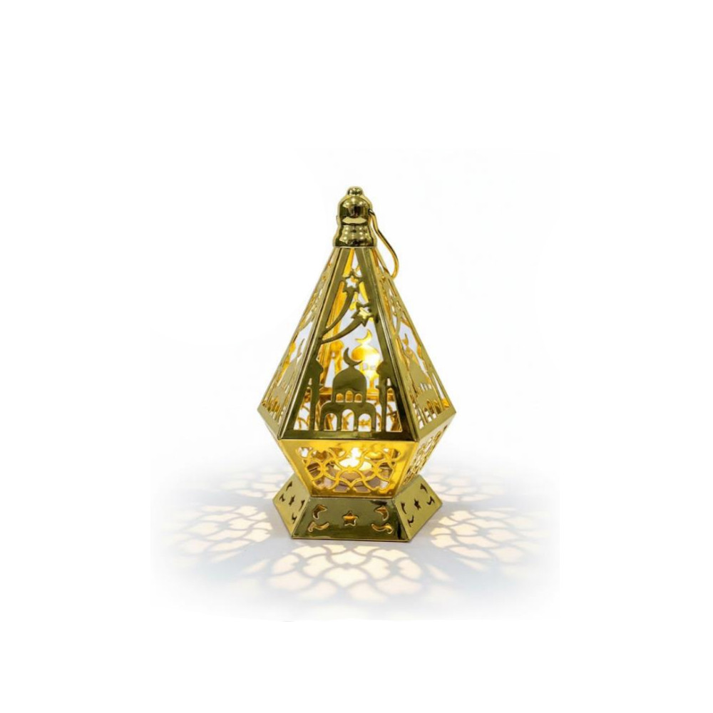 Ramadan Pyramid Shape Gold LED Lantern with Mosque Cutout Design | 7138-9 - Home & Kitchen - Lebanon
