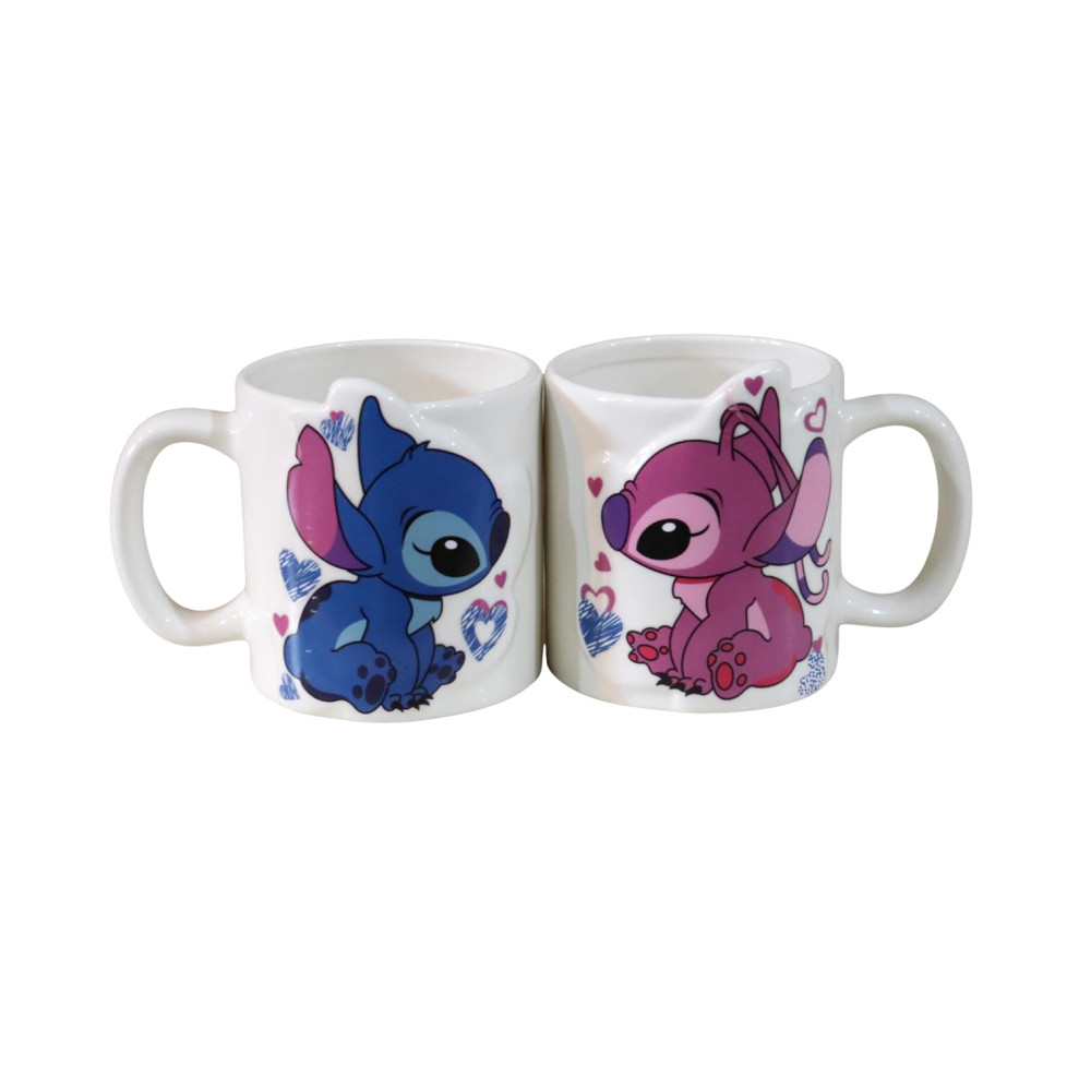 Cartoon Stitch and Angel Love Theme Ceramic Mug Set White Printed Coffee & Tea Cups | ALAYYD22-355 - Home & Kitchen - Lebanon