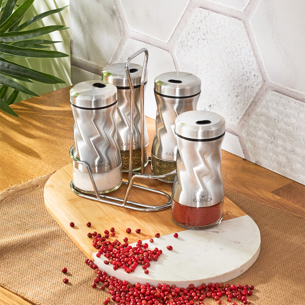 Karaca Karaca Tottori Inox 5-Piece Square Glass Spice Set | 153.03.06.4728 - Home & Kitchen - Lebanon