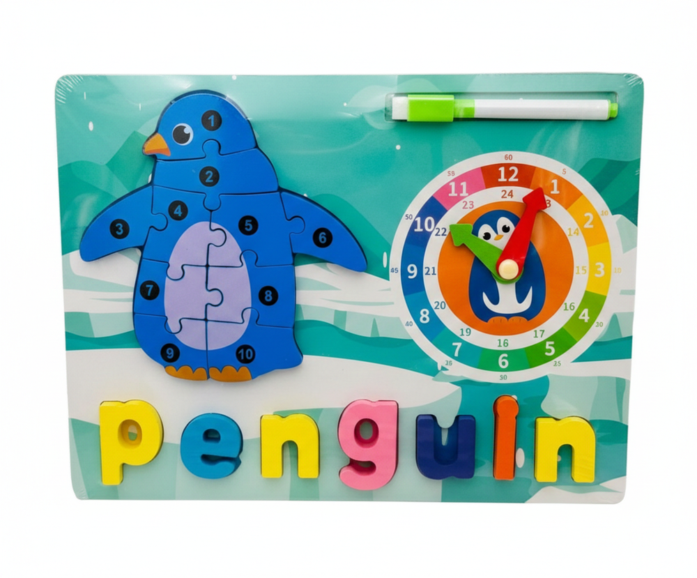 Kids Penguin Learning Wooden Board - Numbers, Clock & Word Puzzle | AL4567 - Toys & Games - Lebanon