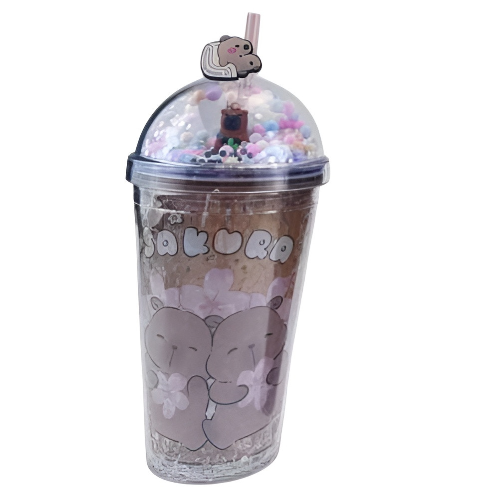 Cute Bear Glitter Tumbler Cup with Straw – Transparent Reusable Drink Cup | AL6620-5D - Home & Kitchen - Lebanon