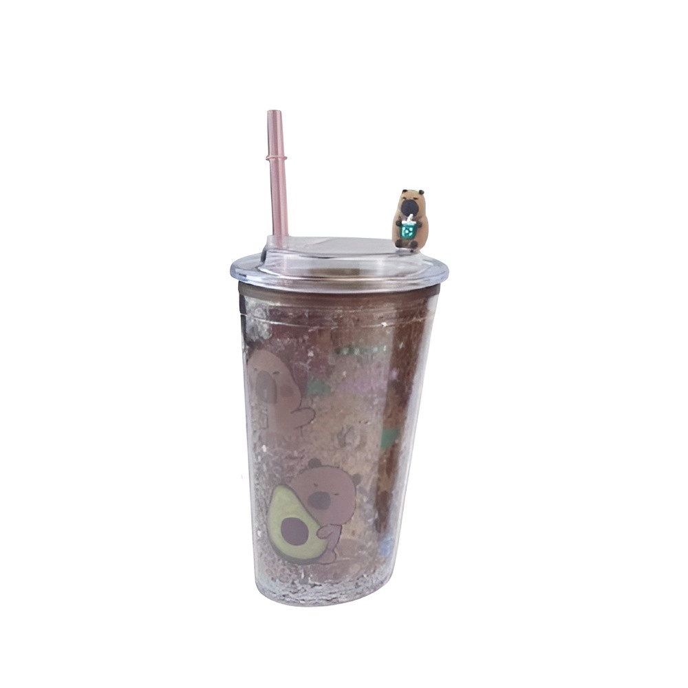 Cute Bear Avocado Theme Double Wall Glitter Tumbler Cup with Straw & Lid | AL6620-6D - Home & Kitchen - Lebanon