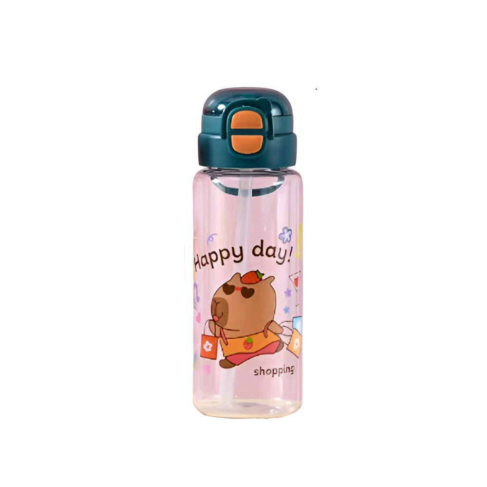 Kids Cartoon Bear Water Bottle with Straw & Flip Lid – Dark Green | AL6620-3D - Home & Kitchen - Lebanon