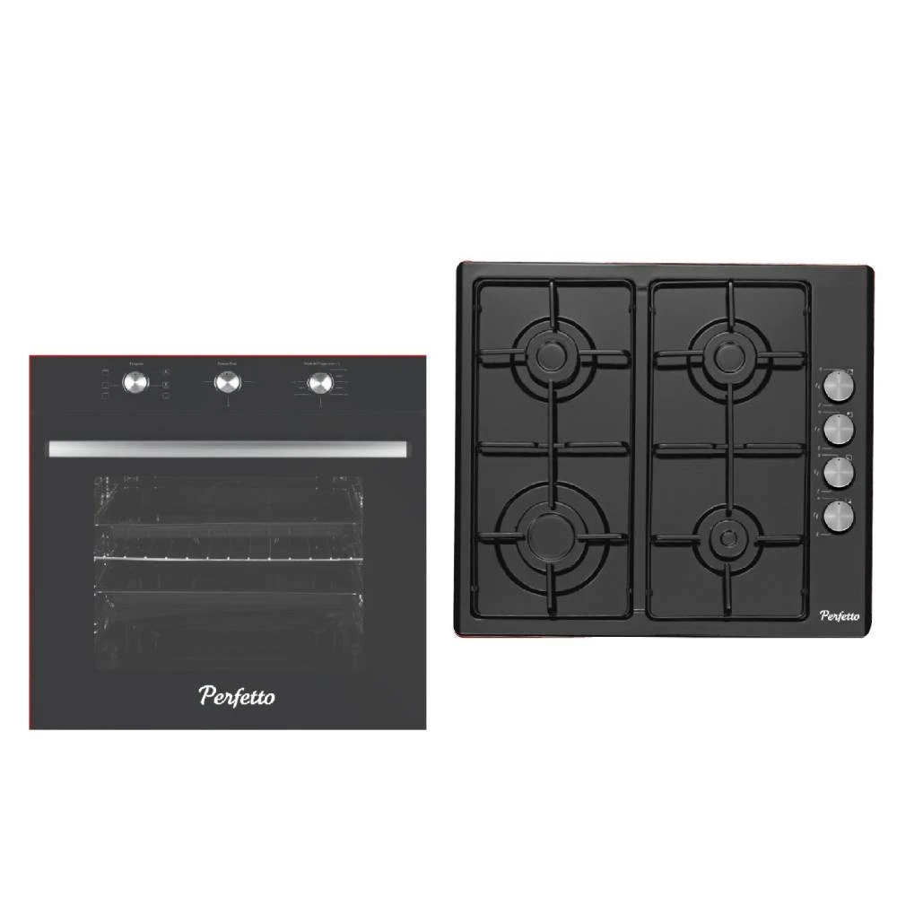Perfetto Perfetto 60cm Built-In Hob & Gas Oven Bundle Black with 4 Burners, Turbo Fan & Timer | PERTOP60BL+PEROV60BL - Home & Kitchen - Lebanon
