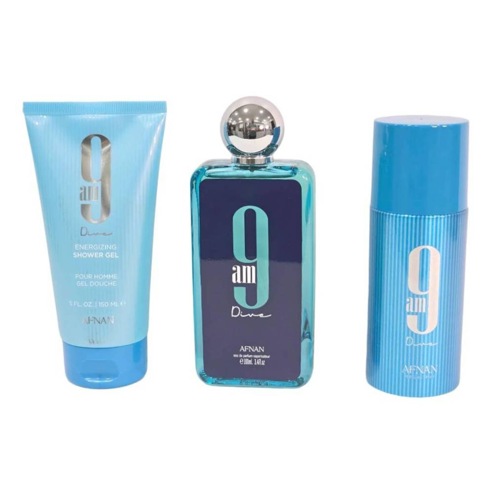 Afnan Afnan 9AM Dive Gift Set for Men - Eau de Parfum 100ml + Shower Gel 150ml + Deodorant Spray 150ml - Beauty & Personal Care - Lebanon