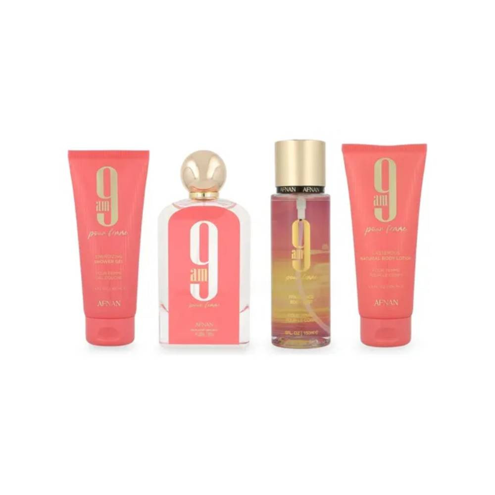 Afnan Afnan 9AM Pink Gift Set for Women - Eau de Parfum 100ml + Shower Gel 100ml + Body Mist 150ml + Body Lotion 100ml - Beauty & Personal Care - Lebanon