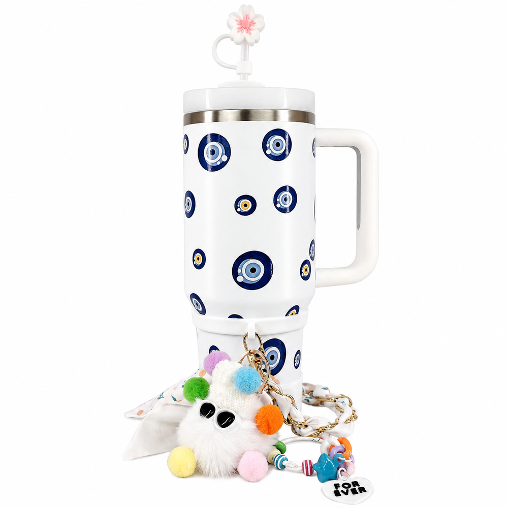 Eye Evil Stainless Steel Double Wall Vacuum Insulated Tumbler 1200ml With Plush Charm - White | C4089-WH - Toys & Games - Lebanon