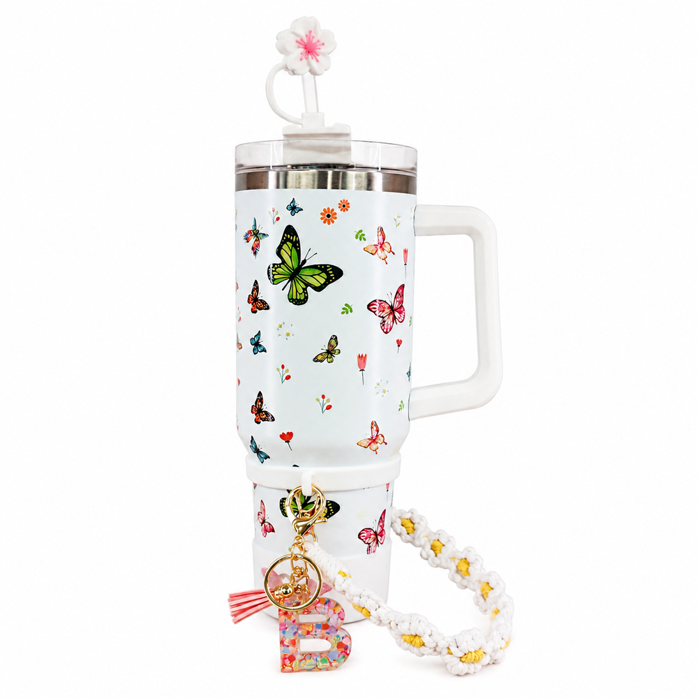 Butterfly Stainless Steel Double Wall Vacuum Insulated Tumbler 1200ml With Letter Charm - White | C4094-WH - Home & Kitchen - Lebanon
