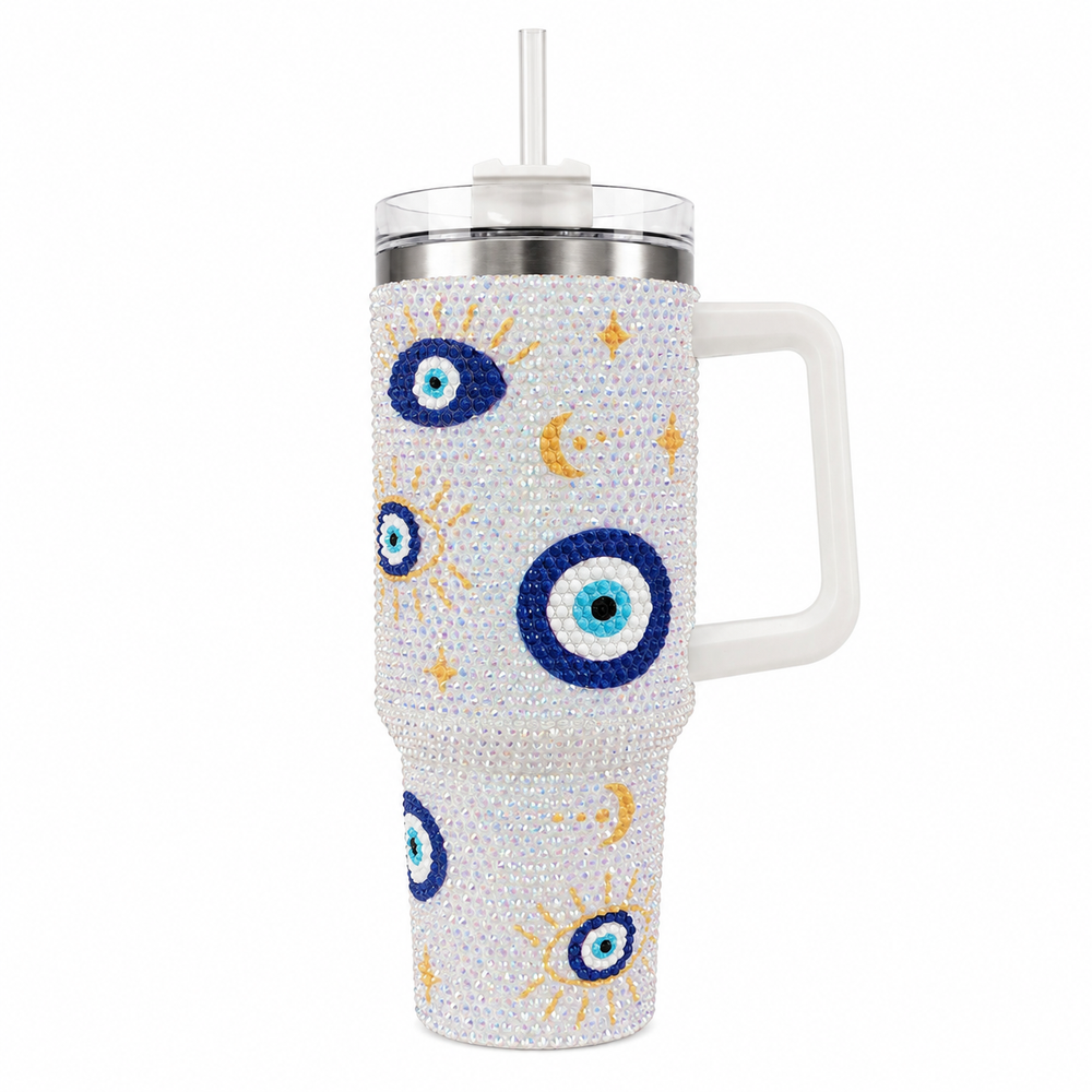 Rhinestone Evil Eye Stainless Steel Double Wall Vacuum Insulated Tumbler 1200ml - White | C4084-WH - Home & Kitchen - Lebanon