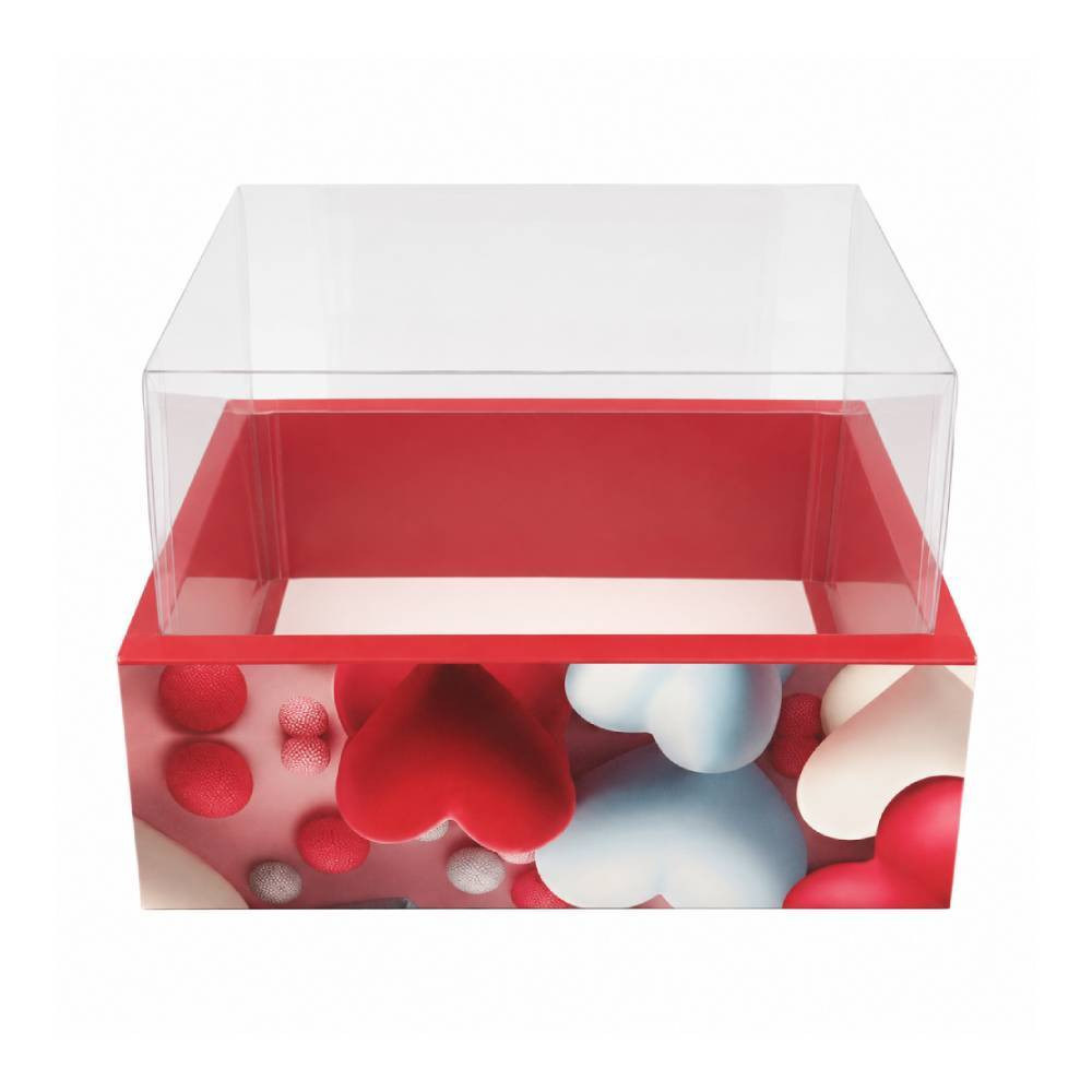 Red Hearts Square Gift Box with Clear Transparent Lid - 30x30x16cm | D51-ED - Home & Kitchen - Lebanon