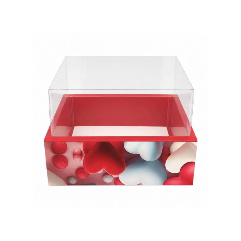 Red Hearts Square Gift Box with Clear Transparent Lid - 20x20x14cm | D49-RD - Home & Kitchen - Lebanon