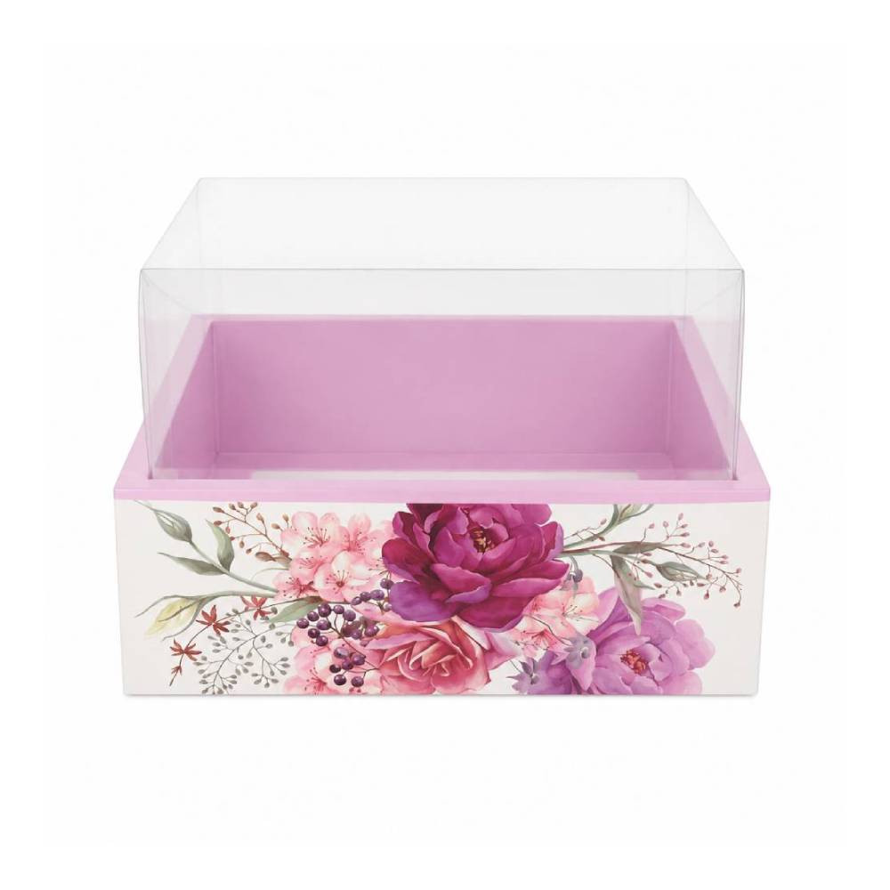 Floral Pink Hearts Square Gift Box with Clear Transparent Lid - 25x25x15cm | D53-PR - Home & Kitchen - Lebanon