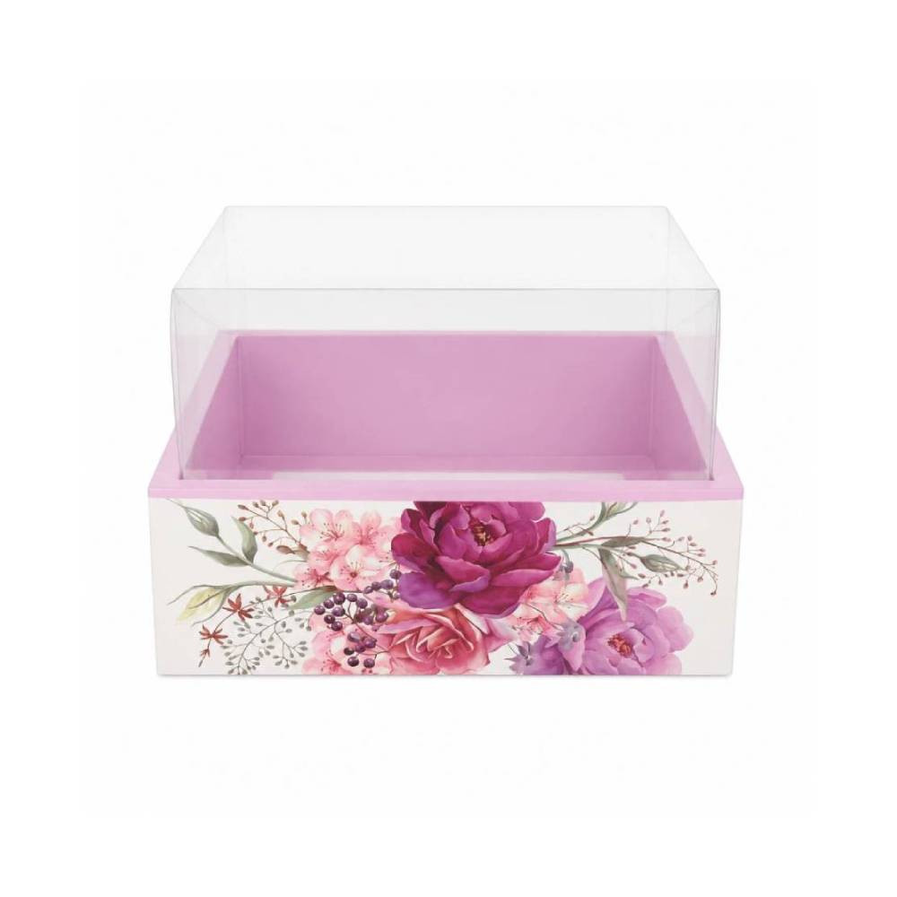 Floral Pink Square Gift Box with Clear Transparent Lid - 20x20x14cm | D52-PR - Home & Kitchen - Lebanon