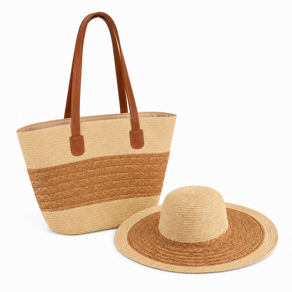 Beige and Brown Beach Bag and Hat Set | C-3130-BG - Home & Kitchen - Lebanon