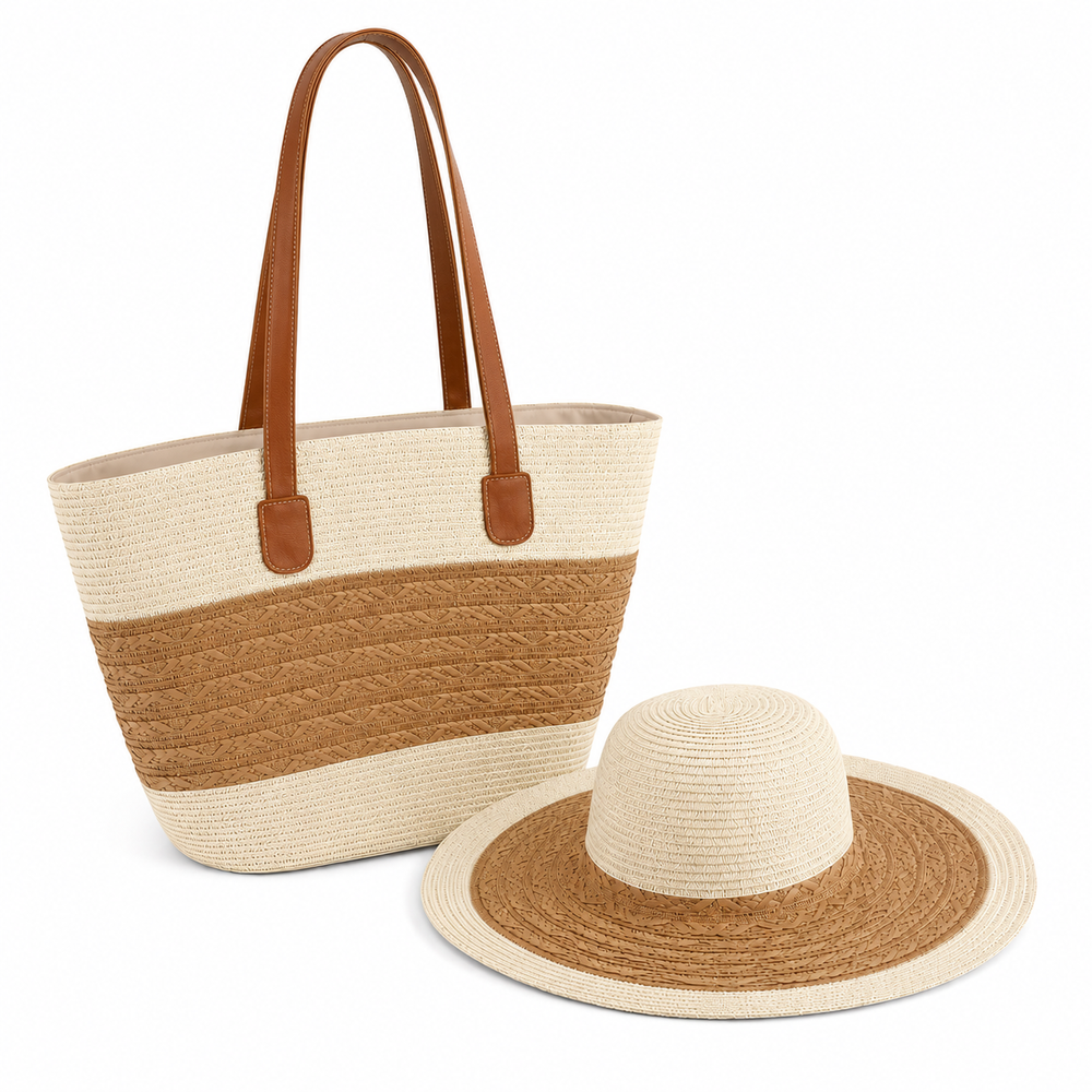 White and Brown Beach Bag and Hat Set | C-3130-WH - Home & Kitchen - Lebanon