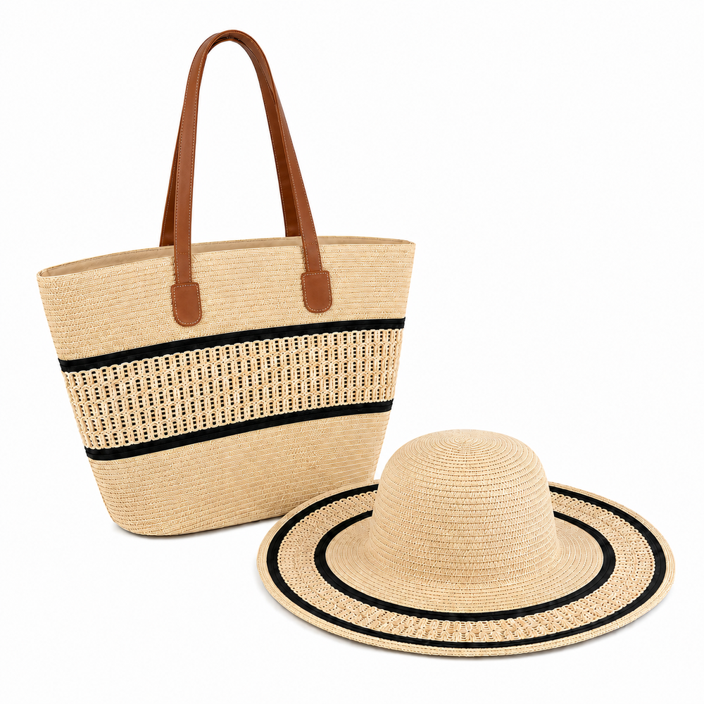  Beige and Black Beach Bag and Hat Set | C-3132-BG - Home & Kitchen - Lebanon