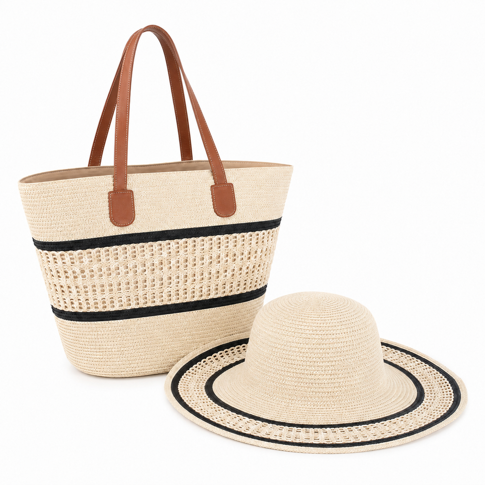  White and Black Beach Bag and Hat Set | C-3132-WH - Home & Kitchen - Lebanon