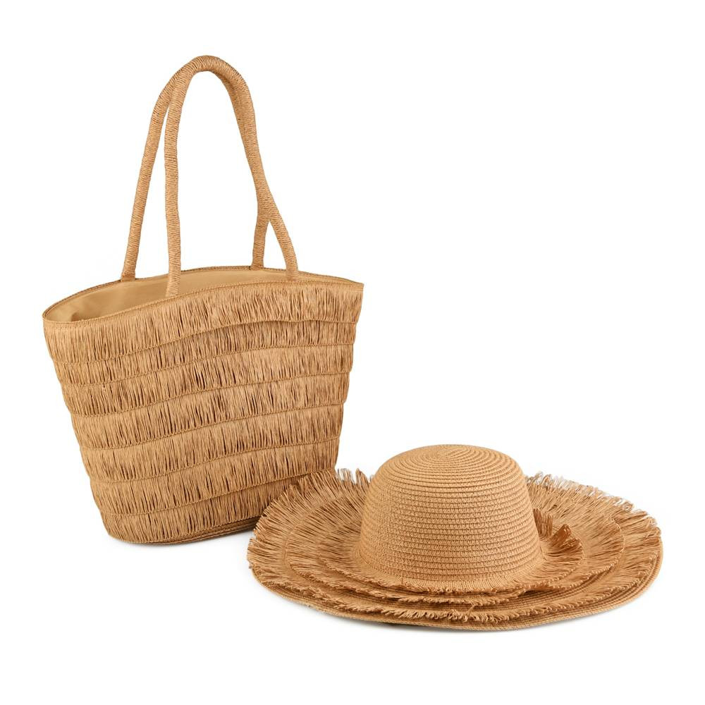 Brown Fringe Beach Bag and Hat Set | C-3131-BRW - Home & Kitchen - Lebanon