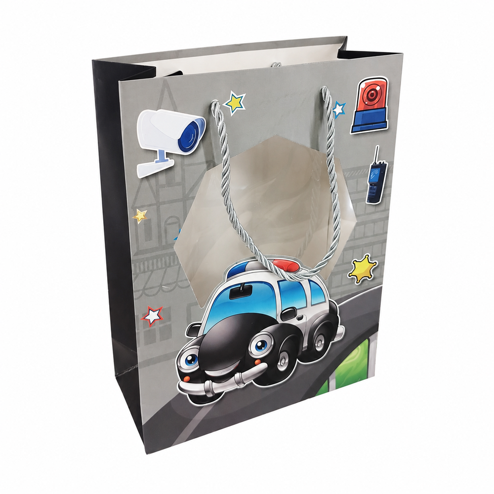 Grey Kids Gift Bag with Police Car Design and Clear Window - 17.5x25x8cm | C-1206-GY - Toys & Games - Lebanon