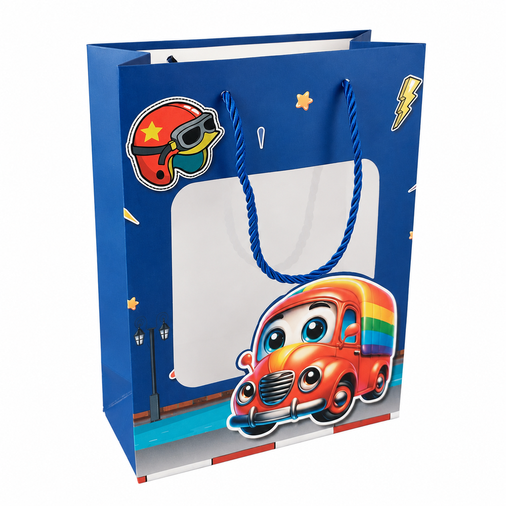 Blue Kids Gift Bag with Car Design and Clear Window - 17.5x25x8cm | C-1206-DB - Toys & Games - Lebanon