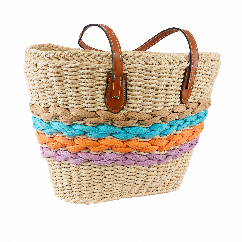 Beach Straw Tote Bag with Colorful Braided Stripes | C3129 - Home & Kitchen - Lebanon
