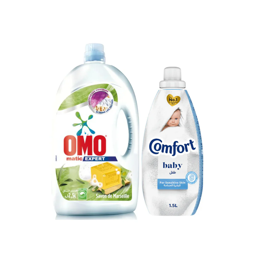 Omo Omo Matic Savon De Marseille Laundry Detergent 2.5L + Comfort Baby Fabric Softener 1.5L @ 20% OFF | 297824 - Home & Kitchen - Lebanon