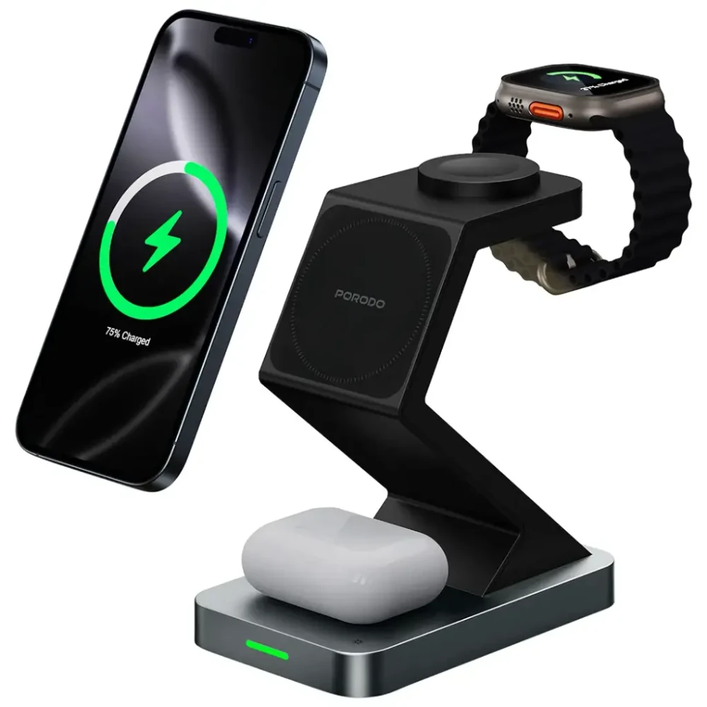 Porodo Porodo 4-In-1 Powerdock Wireless Charging Station with 360° Adjustable Viewing - Black | PDXHX3BK - Phones & Wearables - Lebanon