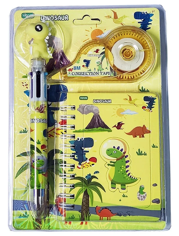 Dinosaur Stationery Set - Notebook, Multicolor Pen & Correction Tape - Yellow Design | WJ2205J - Computers & Tech - Lebanon