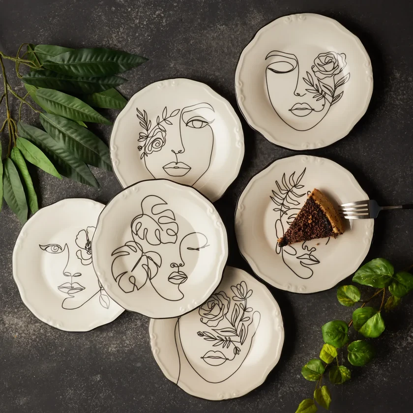 Karaca Karaca Face - 6-Piece Porcelain Cake Plate Set - 21cm - White | 153.03.06.6361 - Home & Kitchen - Lebanon