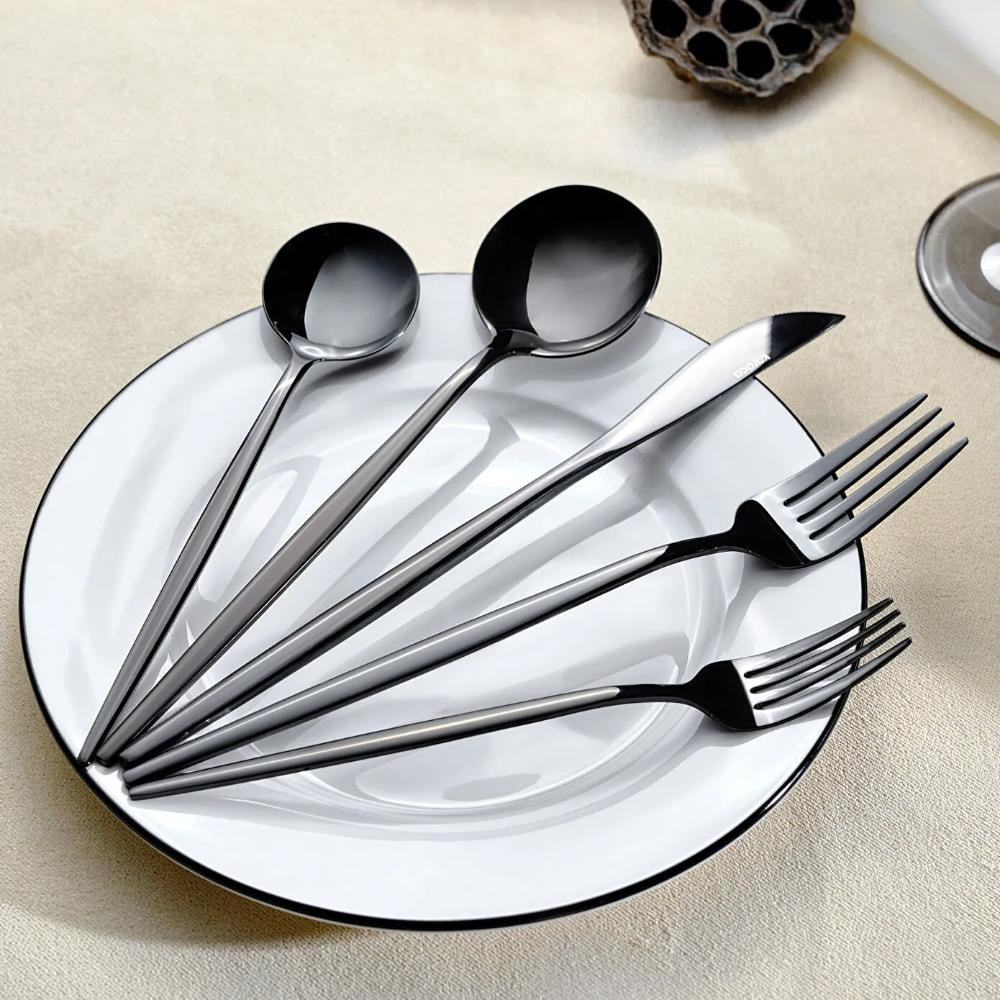 Karaca Karaca Orion - 30-Piece Stainless Steel Cutlery Set - 6 People - Shiny Black | 153.03.08.1906 - Home & Kitchen - Lebanon
