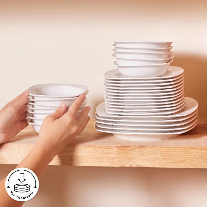Karaca Karaca Square Bone Deren - 60-Piece Embossed Porcelain Dinner Set - 12 People - White | 153.03.08.2652 - Home & Kitchen - Lebanon