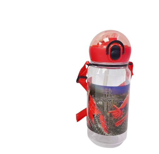 Spider-Man-Themed Straw Water Bottle with Strap 400ml Red | SH-2012F - Home & Kitchen - Lebanon