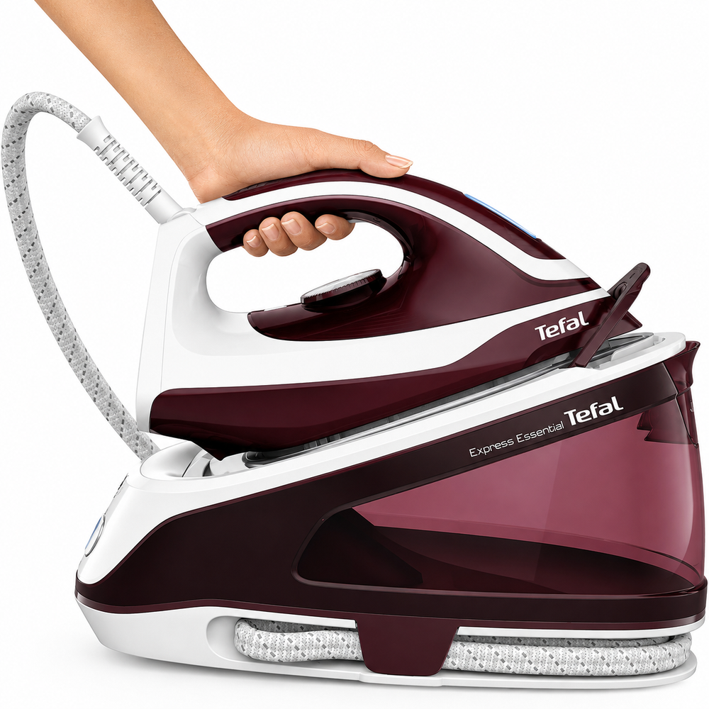 Tefal Tefal Express Essential Steam Generator Iron 5.5 Bar 2200W 1.4L - White / Burgundy | SV6120 - Home & Kitchen - Lebanon