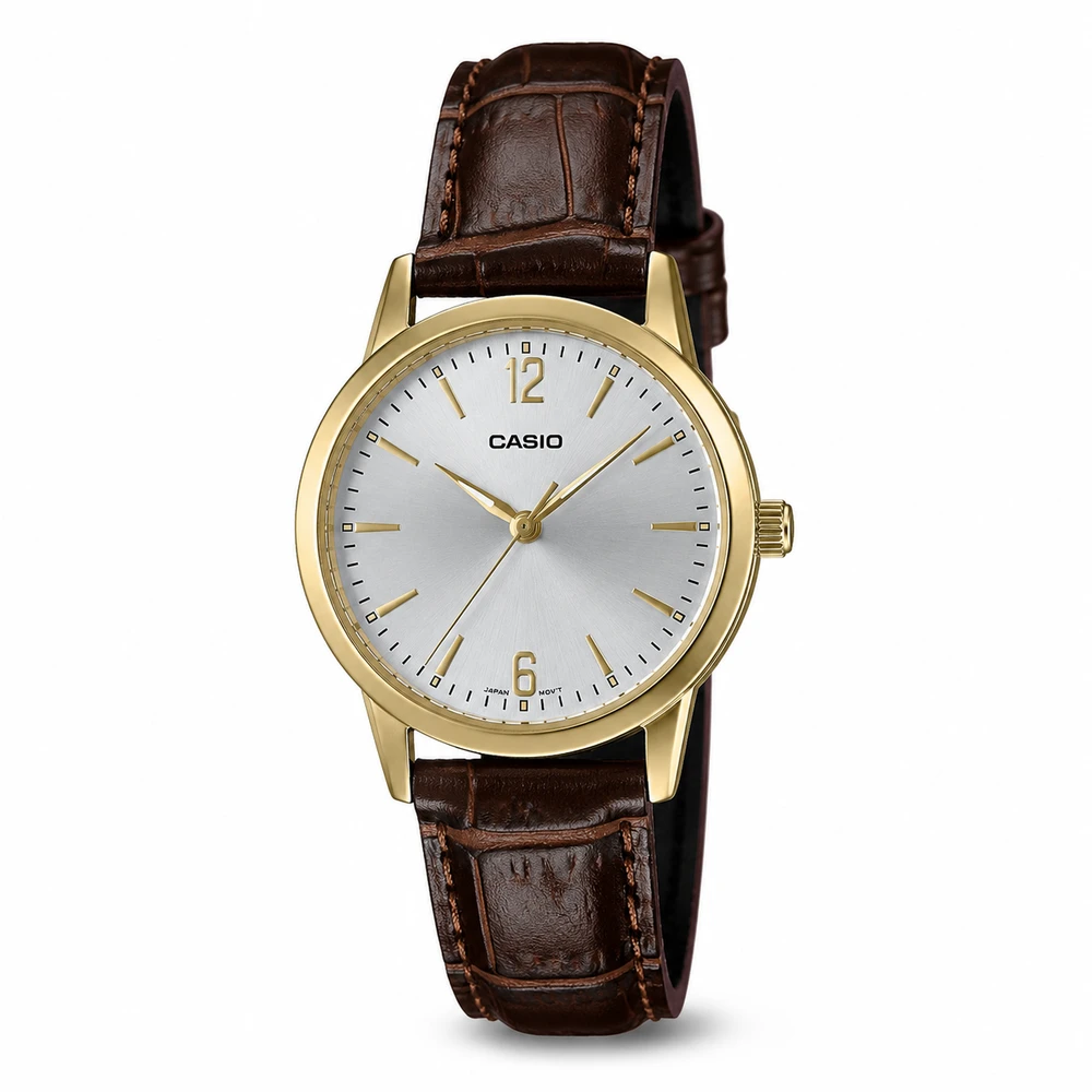 Casio Analog Watch – Gold Case, Silver Dial & Brown Leather Strap | LTP-1234GLL-7ADF