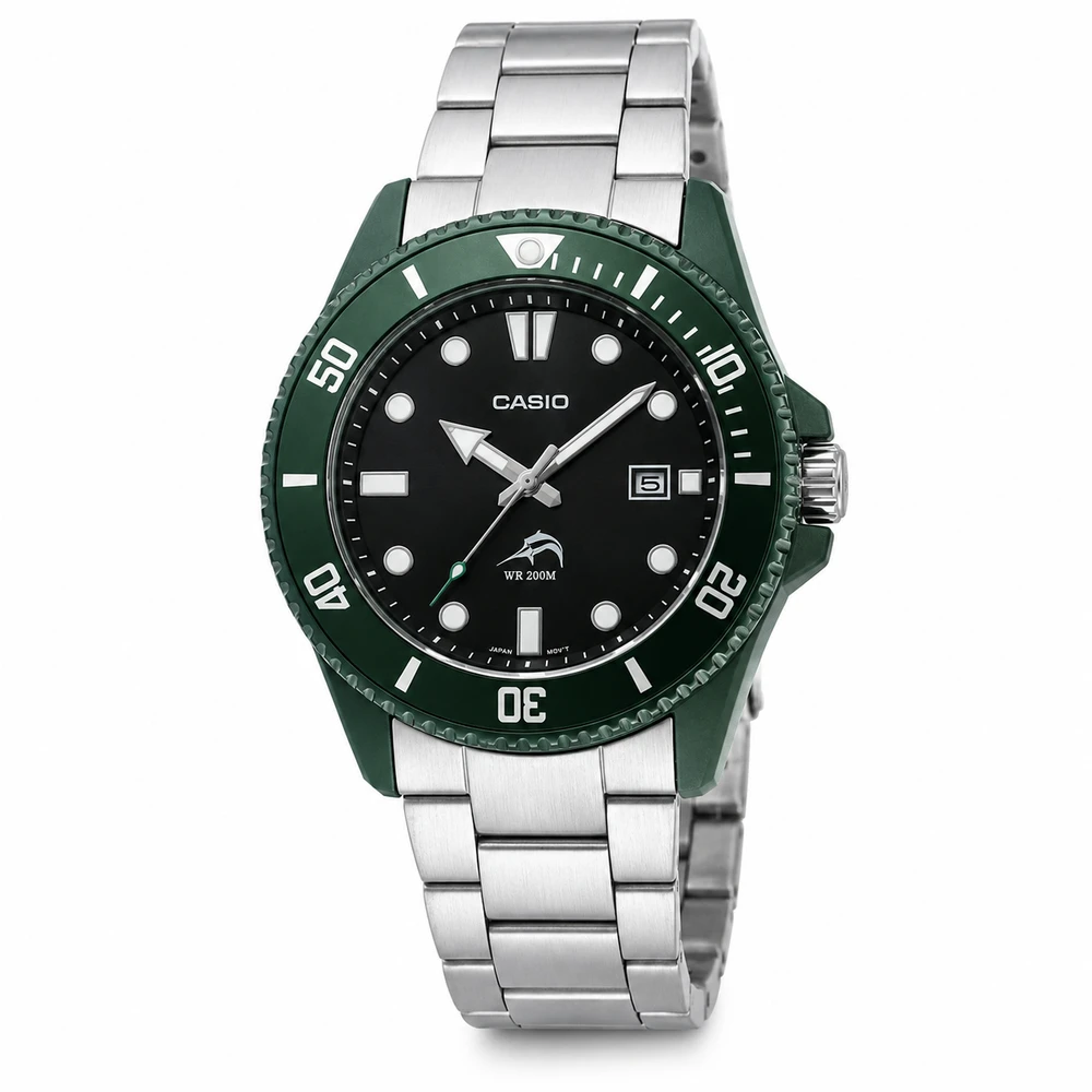 Casio Analog Watch – Green Case, Black Dial & Stainless-Steel Bracelet | MDV-107D-3AVDF