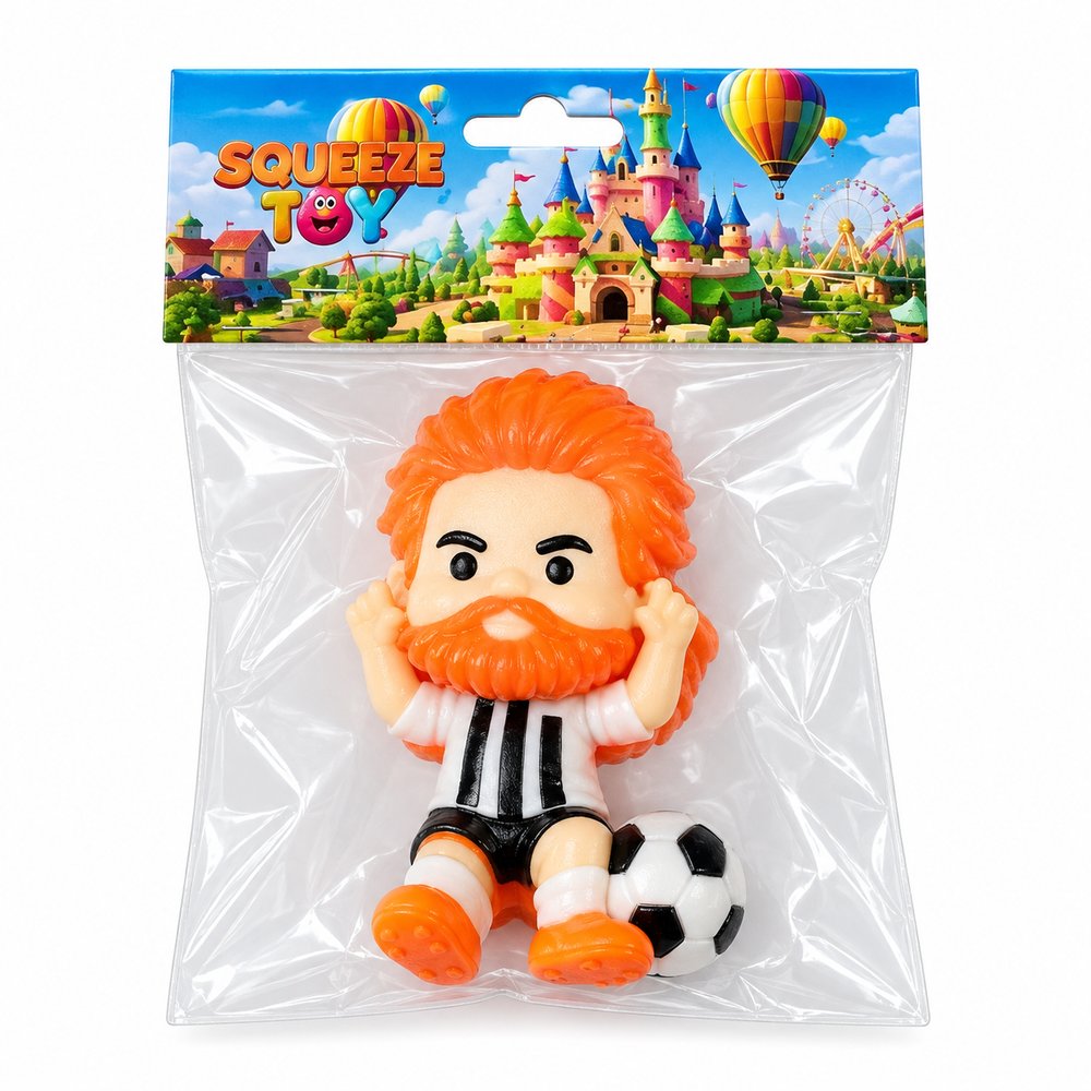 Squeeze Toy Soccer Player Figure - Orange-Haired Bearded Black & White Striped Celebration Pose | AL1096 - Toys & Games - Lebanon