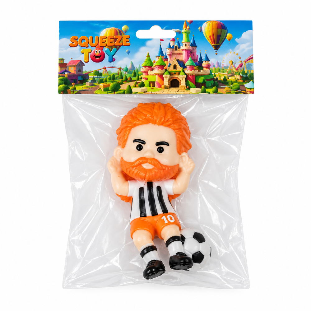 Squeeze Toy Soccer Player Figure - Orange-Haired Bearded Black & White Striped Seated Pose | AL1096 - Toys & Games - Lebanon