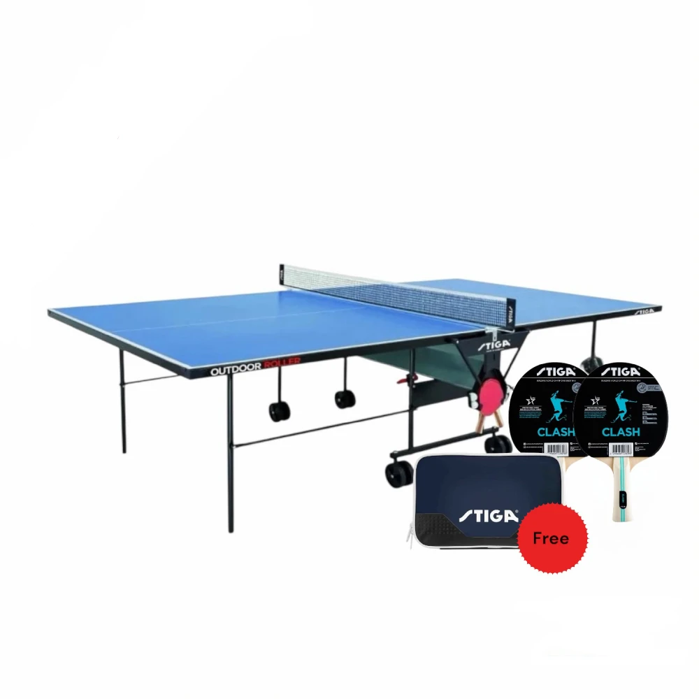 Stiga Outdoor Roller Table Tennis Table with Net - Free Two Stiga Clash Table Tennis Racket and Stiga Double Wallet for Table Tennis Bat