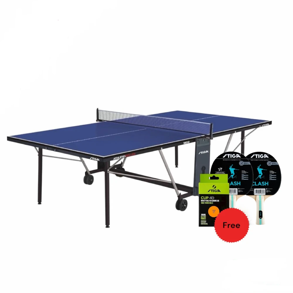 Stiga Athlete Roller Indoor Table Tennis Table with Net - Free Two Stiga Clash Table Tennis Racket and Stiga Ball Cup 40 Plus Table Tennis Balls
