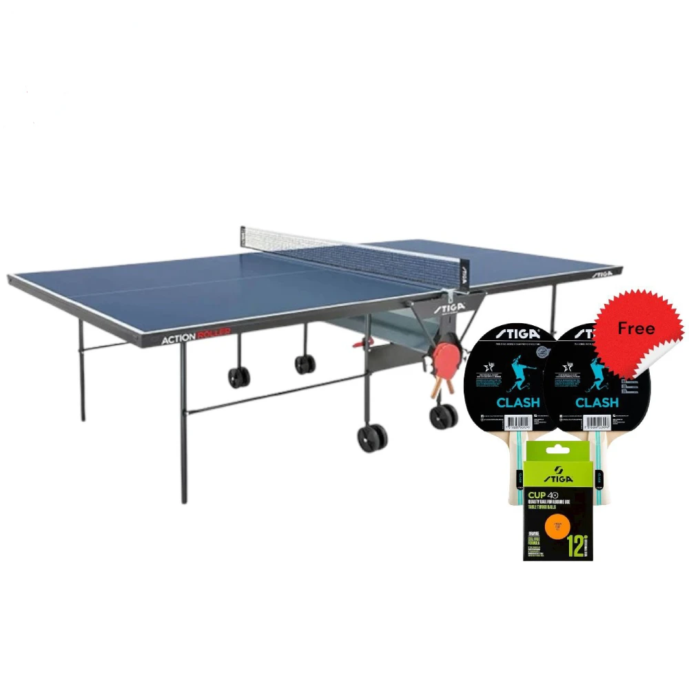 Stiga Action Roller Indoor Table Tennis Table with Net - Free Two Stiga Clash Table Tennis Racket and Stiga Ball Cup 40 plus Table Tennis Balls