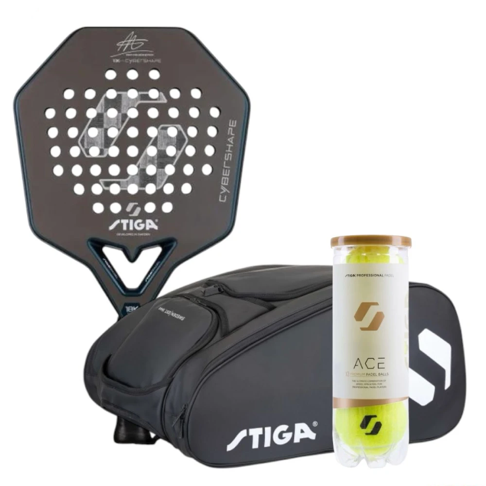 Stiga Padel Racket Cybershape 18K Hard Adam Axelsson Edition + Stiga Padel Ball ACE + Stiga Padel Bag Court Black