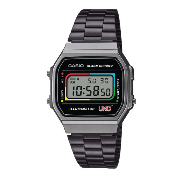 Casio Casio Vintage Digital Unisex Watch Polished Gunmetal Gray Case, Black Dial with UNO Wildcard Design & Dark Gray Stainless Steel Band | A168WEUC-1ADR - Computers & Tech - Lebanon