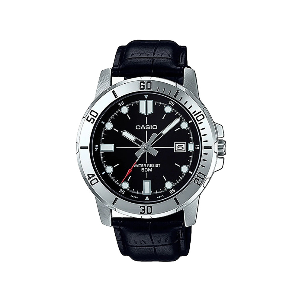Casio Casio men 3h watch Black Leather Silver | MTP-VD01L-1EVUDF - Sports & Outdoors - Lebanon