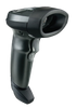 Zebra LI2208 black corded handheld barcode scanner with stand and USB cable front view