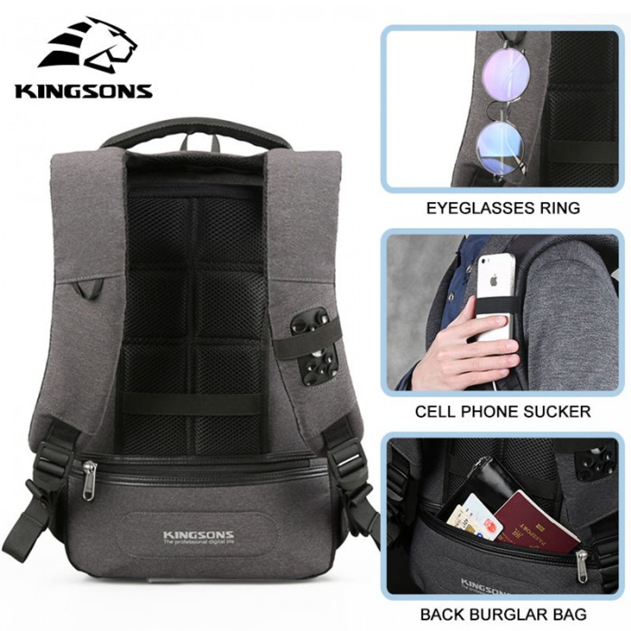 Kingsons Backpack With Lock Password 15.6 Dark Gray