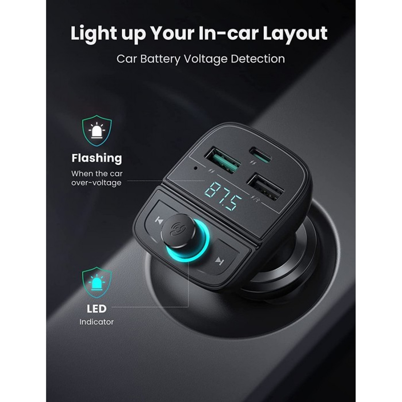 Bộ sạc ô tô đa năng Ugreen phát Bluetooth 5.0 + FM + PD QC3.0 + USB + đọc thẻ TF CD229